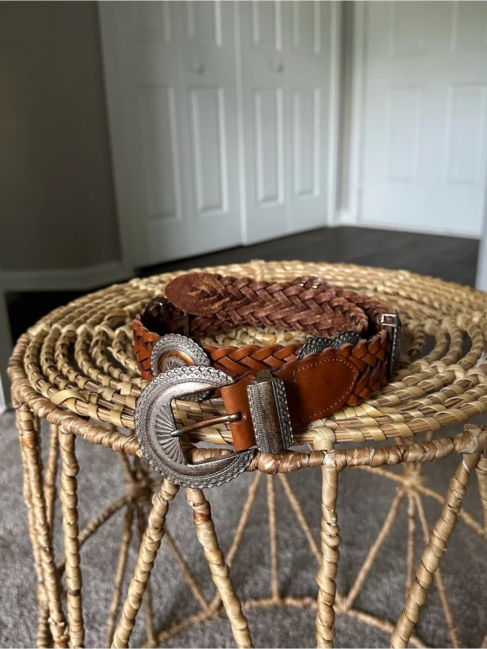 Brighton Braided Leather Belt with Heart Conchos in Chestnut Brown and Silver